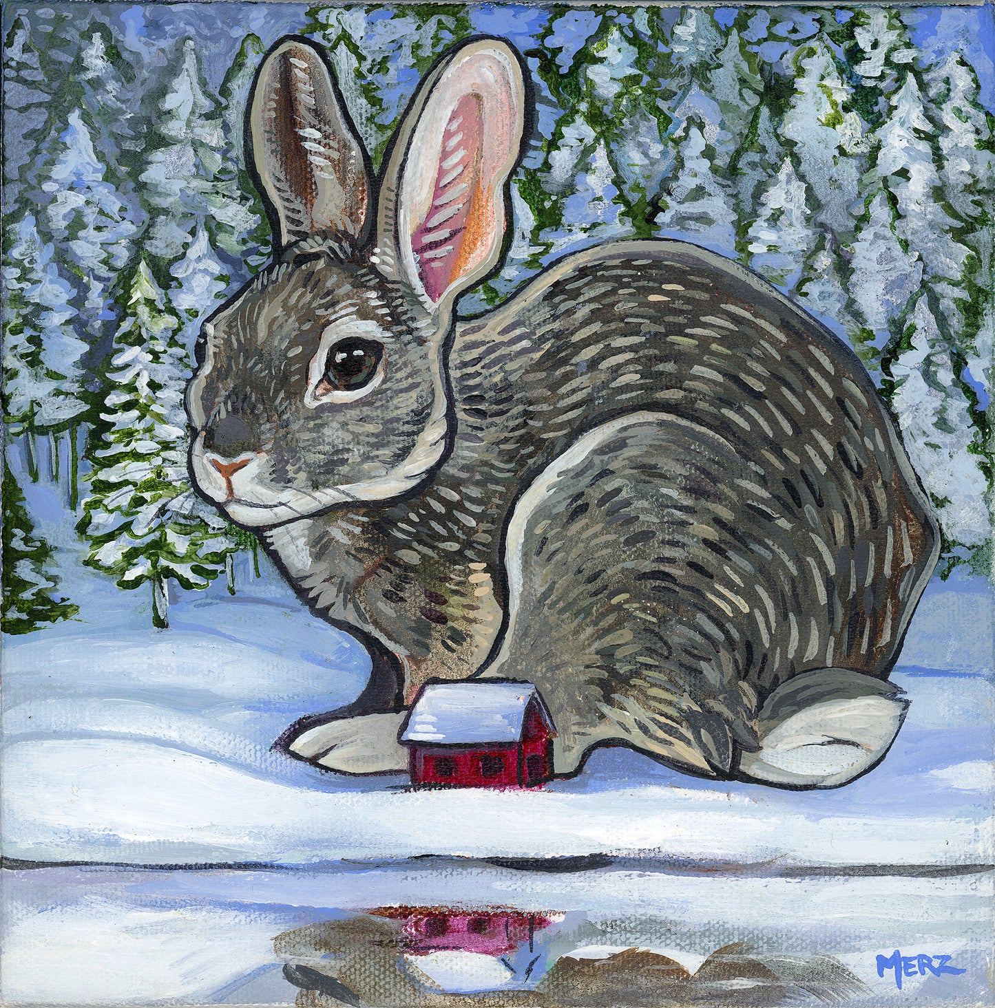 Bunny and Tiny Cabin Original Painting