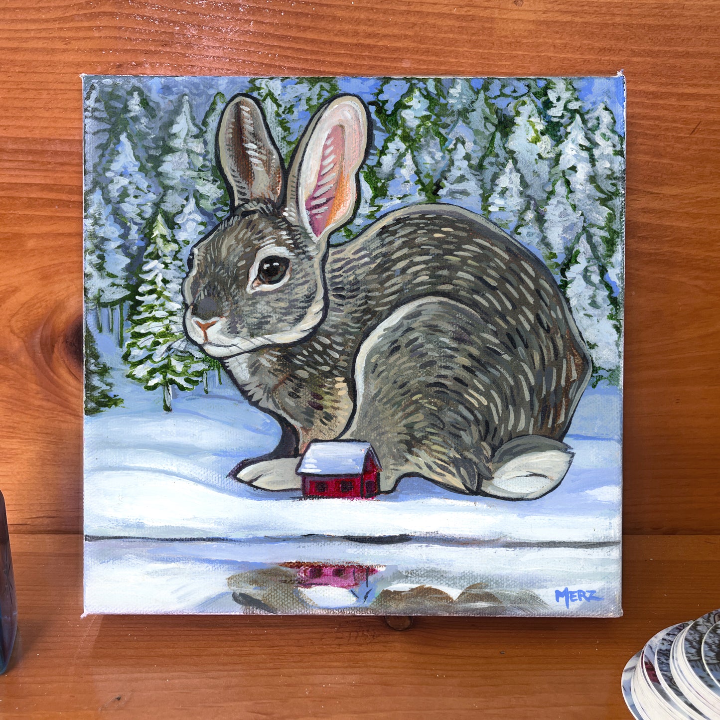 Bunny and Tiny Cabin Original Painting